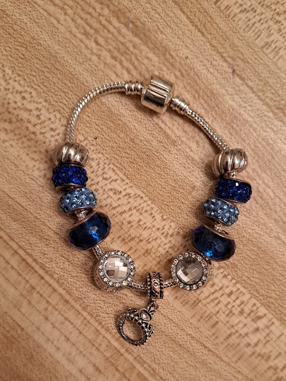 Hand Crafted Silver-Tone Bracelet with Deep Blue and Light Blue Beads